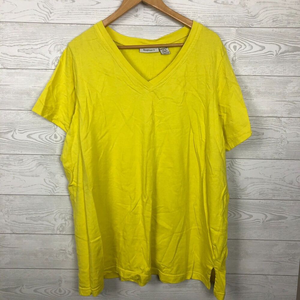 Roaman's Women's Size 2X Short Sleeve V Neck Tee Shirt 100% Cotton Solid Yellow